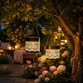 2 Pcs Solar Hanging Lanterns Outdoor Waterproof, Mandala Flower Metal Hollow Out Projection Garden Lights for Patio Yard Pathway Lawn Tree, Decorative Landscap