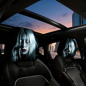 2/4PCS Ghostly White Hair Red Lips Female Ghost Car Seat Headrest Covers, Halloween Horror Car Interior Decoration, Washable Stretch Headrest Protector, Univer