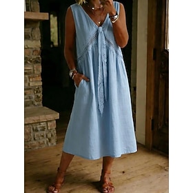 Women's Midi Dress Lace Dress Vintage Daily Loose Fit Plain Sleeveless V Neck White Light Blue Black Light Green Spring