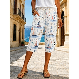 Women's Cotton Linen Shorts Capri Pants Leggings Cropped Pants Vacation Vintage coastalgrandmastyle Calf-Length Mid Waist Floral Graphic Abstract Print Comfo