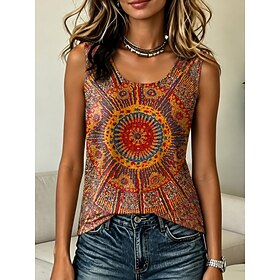 Women's Tank Print Graphic Geometric Vintage Stylish Casual Sleeveless Crew Neck Regular Tops Casual Daily Yellow Orange Summer Spring