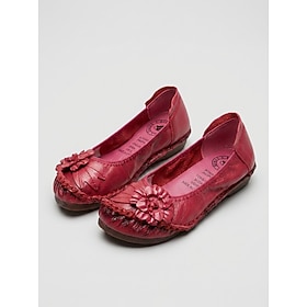 Women's Blue Premium Cowhide Leather Wide Fit Flats - Handcrafted Comfort Shoes with 3D Floral Applique and Stitched Trim, Vintage Slip-On Shoes for Casual Wea