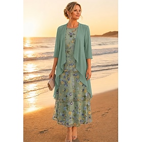 Two Piece A-Line Ankle Length Mother of the Bride Dress 3/4 Length Sleeve Half Sleeve Scoop Neck Elegant Simple Luxurious Formal Wedding Guest Chiffon Lace Jac