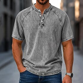 DenimTone™️Men's T Shirt Demin Shirt Cotton Acid Wash Shirt Henley Top Short Sleeve Plain Vintage Streetwear Casual Washed Raglan Sleeves Stand Collar Henley C