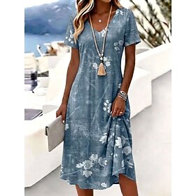 Women's Knee Length Dress T Shirt Dress Tee Dress A Line Dress Vacation Casual Boho Beach Regular Fit Floral Graphic Short Sleeve V Neck Blue Pink Purple Summe