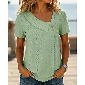 Women's Eyelet Top Summer Tops Eyelet Buttons Plain Vintage Cute Casual Short Sleeve V Neck Regular Tops Casual Daily Vacation Wear Blue White Grass Green Sage