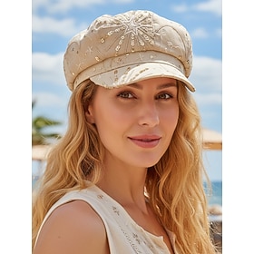 berretto estivo da donna con paillettes a forma di stella, in rete traspirante. misto lino, resort Cappello piatto da viaggio, color oro champagne bei