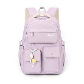 Girls School Backpack Large Capacity Multi-Pocket Purple, Pink, Polyester Bookbag with Ergonomic Straps, Trolley Sleeve, Travel Friendly, Fits Tablet  Books, B