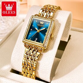 OLEVS Women's Quartz Watch Metal Case Waterproof Date Display Luxury Fashion Dress Blue Dial Gold Tone Diamond Accent Wristwatch for Women Christmas Birthday A