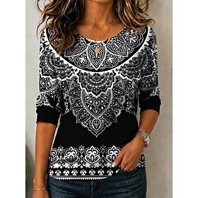Women's T Shirt Print Graphic Paisley Fashion Stylish Classic Long Sleeve Crew Neck Long Tops Casual Daily Weekend Blue Black and White Black Dark Green Spring