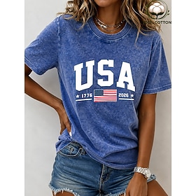 American Independence Day Women's 100% Cotton T Shirt Vintage Washed Tops Print Graphic Flag Stylish Basic Casual Short Sleeve Crew Neck Long Tops Casual Daily