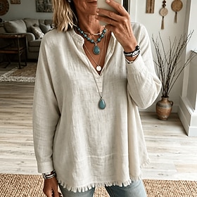 Women's Split V Neck Stand Collar Long Sleeve Blouse Frayed Raw Fringe Hem Textured Loose Fit Boho Western Casual Vacation Tunic Shirt