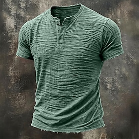 Men's T Shirt Linen T-Shirt Short Sleeve Henley Summer Spring Solid Color Textured Vacation Vintage Sports Raw Edge Casual Home Outdoor White Wine Green Top Te