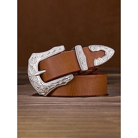 Men's Western Cowboy Belt, Genuine Full Grain Leather Belt for Men, Vintage Engraved Silver Prong Buckle Casual Waistband, Adjustable Length Rodeo Jean Accesso