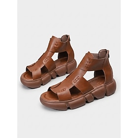 Women's Brown Microbial Leather Platform Gladiator Sandals - Vintage Chunky Sol…