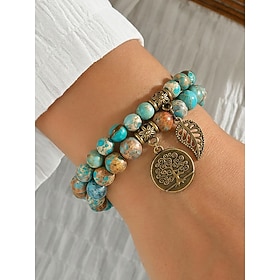 Women's Bohemian Layered Natural Stone Beaded Bracelet Set with Tree of Life and Leaf Charms, Multi-Color 2-Piece Stackable Wrist Jewelry for Daily Wear, Vacat