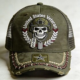 Veteran DD-214 Casual Hat, Embroidered Military Veteran Trucker Cap with Skull Patch, Adjustable Mesh Baseball Cap for Retired Service Members, Veterans, Outdo