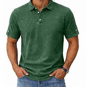SoftFade™ Men's Polo Shirts 100% Cotton Acid Wash Shirt Casual Holiday Lapel Short Sleeve Fashion Basic Plain Textured Buttons Vintage Summer Spring Blue Green