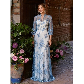 Sheath Column Floor Length Mother of the Bride Dress 3/4 Length Sleeve V Neck Illusion Neck Elegant Vintage Color Block Garden Party Formal Wedding Guest Tulle