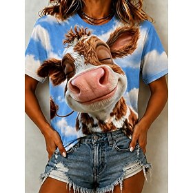 Women's T Shirt Color Block Print Graphic Animal Giraffe Vintage Stylish Classic Short Sleeve Crew Neck Long Tops Casual Daily Blue White Black Purple Summer S