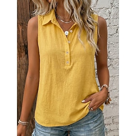 Multi Packs 2pcs Women's Cotton Linen Vest Texture Buttons Vintage Sleeveless Lapel Regular Tops Blue White Yellow Summer Spring