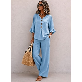 Women's Pants Sets Half Sleeve V Neck Solid Color Fashion Streetwear Casual Daily Outdoor Blue Khaki Black Spring Summer Loose Fit