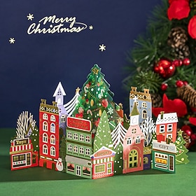 3D Pop Up Christmas Card, Christmas Village Town Scene with Tree, Handmade Holiday Greeting Card for Family Friends, Unique Festive Desktop Decor, Laser Cut Me