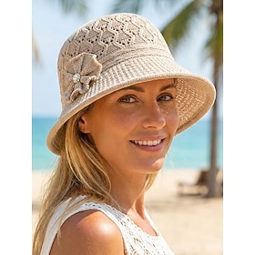 Cappello da sole da donna pieghevole all'uncinetto con decorazione floreale, cappello estivo da spiaggia a tesa larga in maglia di poliestere leggera,