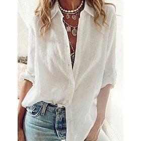 Women's Shirt Linen-feel Shirts Blouse Cotton Patchwork Buttons Plain Vintage Stylish Classic Long Sleeve V Neck Regular Tops Daily Holiday Going out White Lig