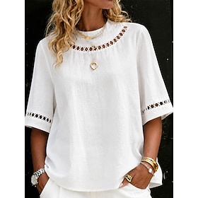 Women's Blouse Lace Tops Lace Hollow Out Plain Stylish Modern Half Sleeve Crew Neck Regular Tops Casual Daily Holiday Blue White Light Grey Summer Spring