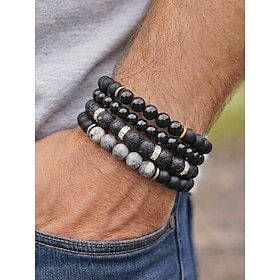 Set di 4 bracciali da uomo in pietra naturale, neri a strati Braccialetti grigi con perline, pietra lavica e perline con finitura opaca, gioielli esti
