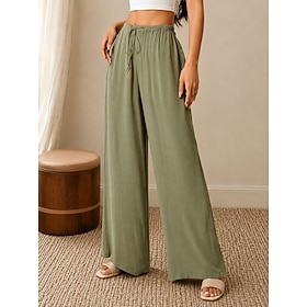 Women's Wide Leg Casual Pants Elegant Full Length High Waist Plain Comfortable Inelastic Vacation Black Army Green Green Summer Spring Fall Loose Fit