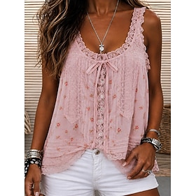 Women's Lace Splicing Top Summer Tops Cami Top Jacquard Tie Front Lace Trim Solid Color Floral Elegant Bohemia Active Sleeveless V Neck Long Tops Casual Pink B