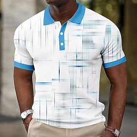 Men's Geometic Waffle Polo Shirts Short Sleeve Polo Shirts Collared Shirts Casual Party Evening Wear Dailywear 3D Print Buttons Spring  Summer Blue Pink Purple