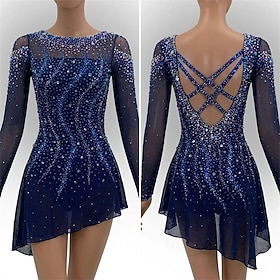Figure Skating Dress Women's Ice Skating Dress Navy Patchwork Open Back Stretchy Training Competition Skating Wear Classic Crystal / Rhinestone Long Sleeve Ice