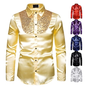 Men's Shirt Satin Shirt Dress Shirt Casual Shirt Solid Color Outdoor Work Black White Red Navy Blue Long Sleeve Turndown Summer Spring Clothing Apparel Sequins