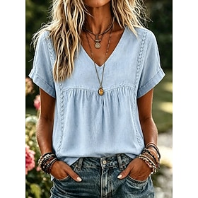 Per donna Camicia Camicie di cotone e lino Tinta unica Bohemien Vacanza Vintage Senza Maniche Manica Corta Scollo a V Top Regolari Casuale Blu Estate 