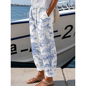 Per donna Chinos Pantaloni Vacanza Vintage Casual Lunghezza intera Vita media Floreale Grafico Coulisse Tasca Stampa Comodità Morbido All'aperto Inela