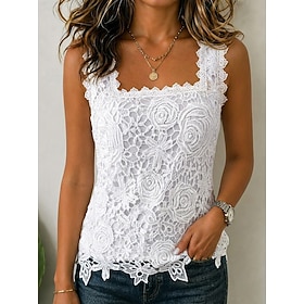 Per donna Top in pizzo Pizzo Patchwork Elegante Senza Maniche Collo quadrato Top Regolari Casuale Blu Nero Bianco Rosa Rosso Estate