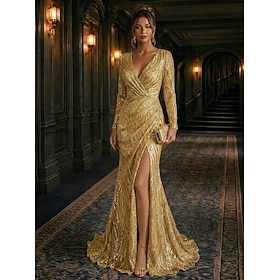 Mermaid Trumpet Floor Length Evening Gown Formal Dress Elegant Sparkle High Split Long Sleeve V Neck Evening Party Wedding Sequined with Glitter Sequin Beaded