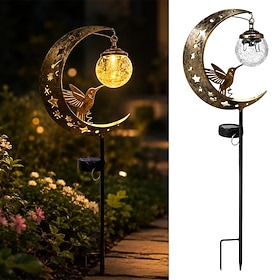 Solar Hummingbird Garden Stake Lights Outdoor, Crackle Glass Globe Solar Lights with Moon and Star Metal Decor, Waterproof Solar Powered Pathway Lights for Yar