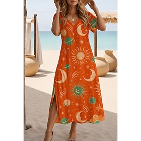 Women's Maxi Dress A Line Dress Casual Holiday Date Regular Fit Floral Graphic Leopard Short Sleeve V Neck Yellow Purple Green Summer Spring