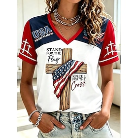 American Independence Day Women's T Shirt Print Graphic Flag Letter Vintage Stylish Classic Short Sleeve V Neck Regular Tops Casual Daily White Black Red Gray