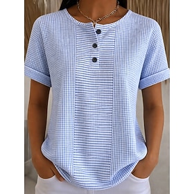 Women's Waffle T Shirt Print Chest Buttons Graphic Geometric Plaid Stylish Classic Modern Short Sleeve Henley Long Tops Daily Blue Yellow Pink Red Light Purple