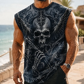 Halloween Men's Cool Skulls Undershirt Sleeveless T shirt 3D Print Crew Neck Shirt Dark Daily Holiday Black 1 Black Black 2 Spring  Summer Clothing Apparel S M