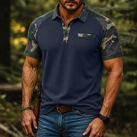 Men's Polo Shirts Casual Turndown Short Sleeve Color Block Pocket Buttons Spring  Summer Red Navy Blue Khaki Polo Shirts