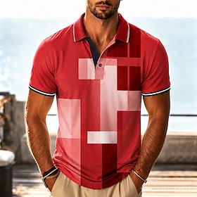 Per uomo Blocco di colori Geometrico Polo Hawaiane Manica Corta Magliette polo Bavero Casual Athleisure Stampa 3D Bottoni Tessuto retato traspirante E