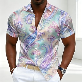 Men's Paisley Gradient Ramp Abstract Liquid Art Shirt Satin Shirt Dress Shirt Short Sleeve Vintage Daily Vacation Summer Spring Turndown Collared Shirts 3D Pri