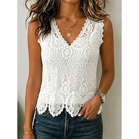 Per donna Top in pizzo Tessuto Bordo in pizzo Elegante Senza Maniche Scollo a V Top Regolari Casuale Scollo a V bianco Estate