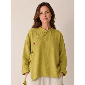 Women's Linen Long Sleeve Blouse Asymmetric Hem Mandarin Collar Button Down Vintage Stylish White Yellow Dark Gray Fall Winter